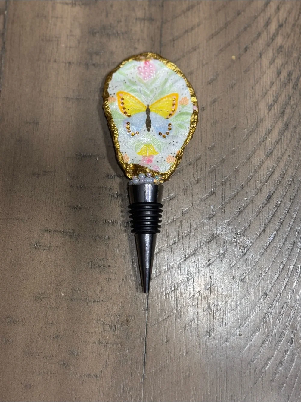 Hand-Painted Butterfly Oyster Wine Bottle Stopper – Yellow Accent